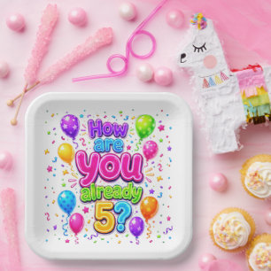 5. Geburtstag Neon-Partyballons und Konfetti Pappteller