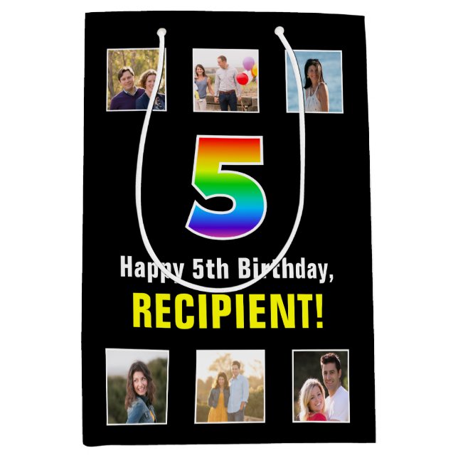 5. Geburtstag: Regenbogen "5", benutzerdefinierte  Mittlere Geschenktüte (Vorderseite)