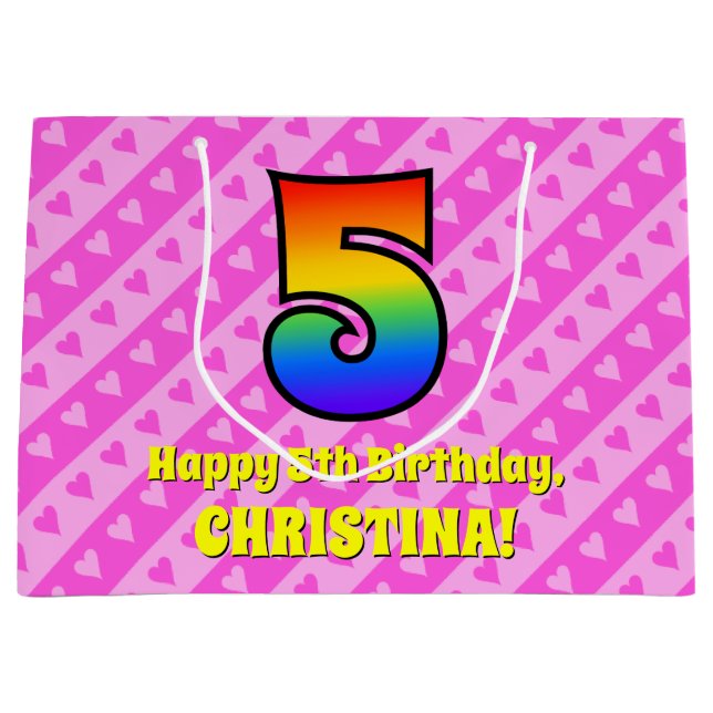 5. Geburtstag: Rosa Streifen & Herz, Regenbogen #  Große Geschenktüte (Vorderseite)