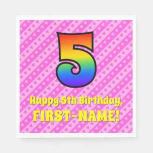 5. Geburtstag: Rosa Streifen & Herz, Regenbogen # Serviette