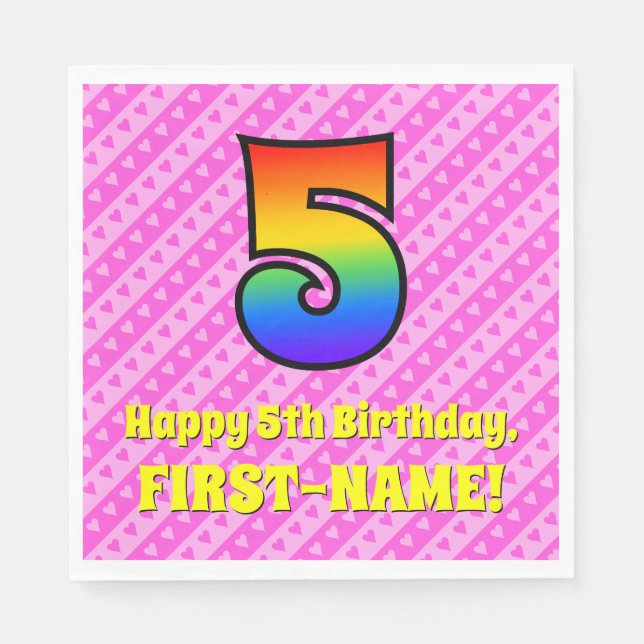 5. Geburtstag: Rosa Streifen & Herz, Regenbogen #  Serviette (Vorderseite)