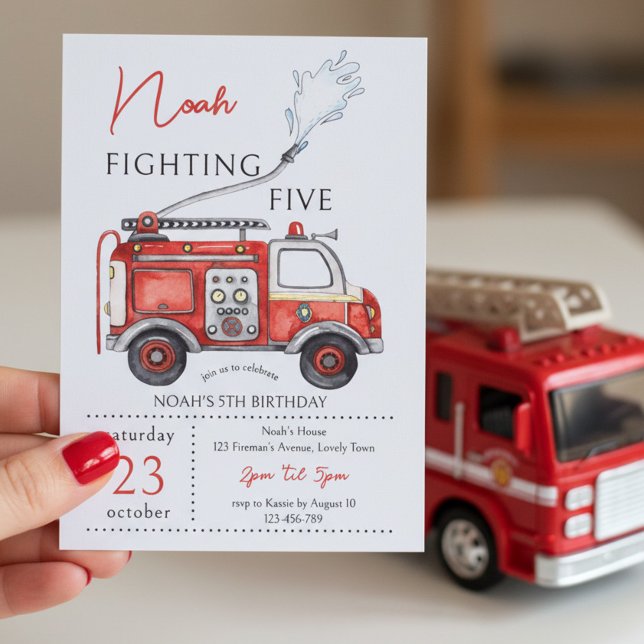 5. Geburtstag Roter Feuerwehrwagen Fighting Five Einladung (Fighting Five 5th  birthday invitation with red fire truck theme)