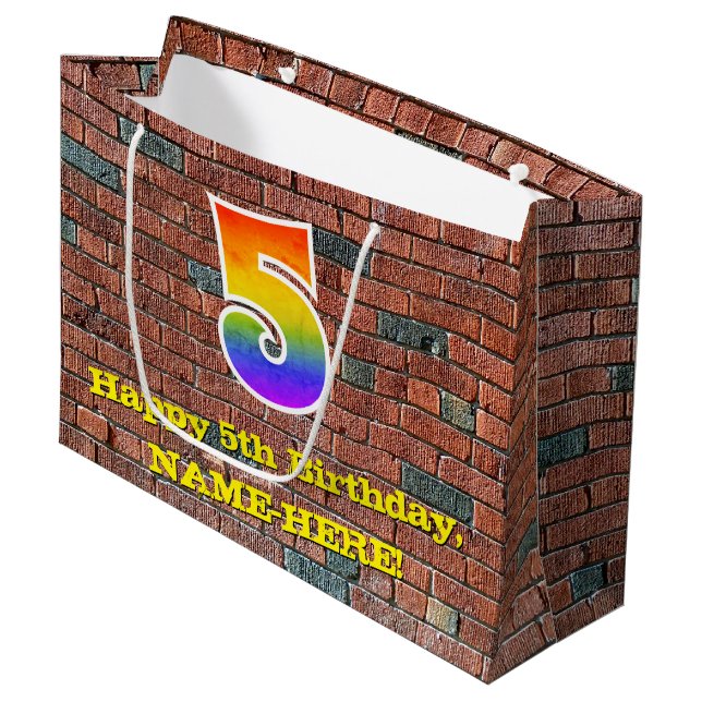 5. Geburtstag: Spaß, Graffiti Inspiriert Regenboge Große Geschenktüte (Vorderseite Schrägansicht)