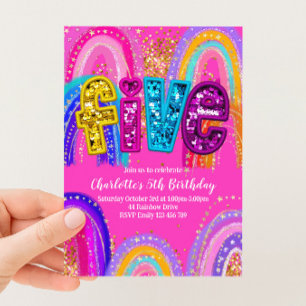 5. Geburtstags-Einladung Regenbogen Hellrosa Party Einladung