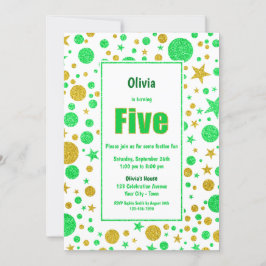 5. Geburtstags-Grün- und Gold-Glitzer-Party Einladung