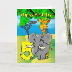 5. Geburtstags-Karte - Elefant, Giraffe, Dschungel Karte