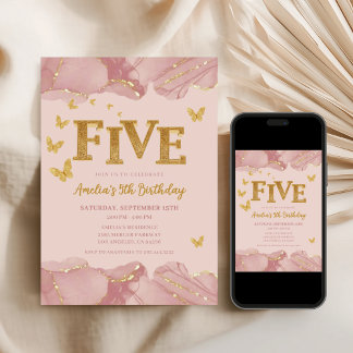 5. Geburtstagseinladung Rosa Gold Glitter Mädchen Einladung