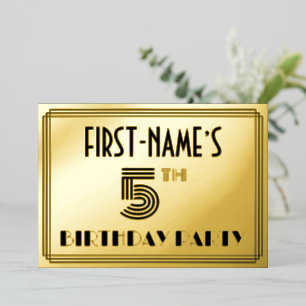 5. Geburtstagsparty — Art Deco Stil "5" & Name Folieneinladung