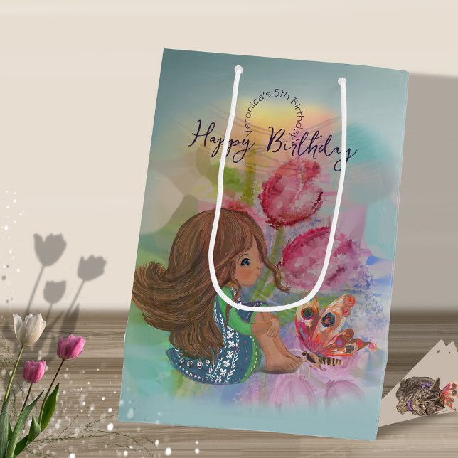 5. Geburtstagsschmetterling Mittlere Geschenktüte (5th birthday girl butterfly medium gift bag)