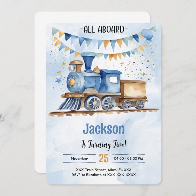 5. Geburtstagszug Party Einladung (Vorne/Hinten)