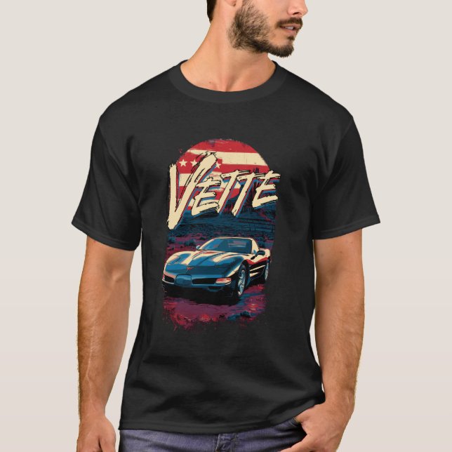 5. Gen Vette Car Patriotic American Flag Sunset U T-Shirt (Vorderseite)