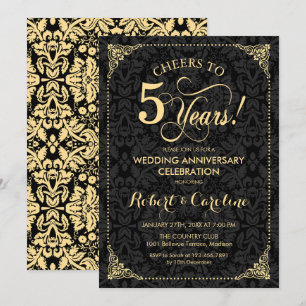 5. Hochzeitstag - Gold Black Damask Einladung