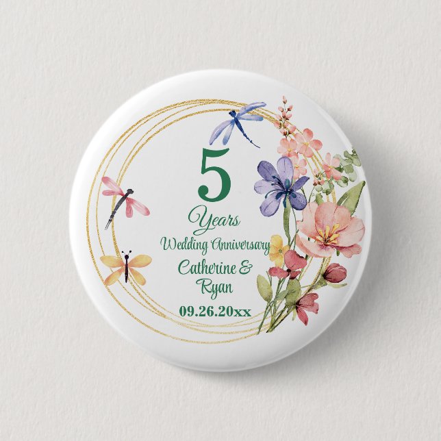 5. Hochzeitstag Holz Goldrahmen Floral Button (Vorderseite)