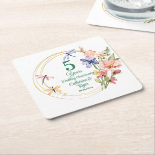 5. Hochzeitstag Holz Goldrahmen Floral Rechteckiger Pappuntersetzer