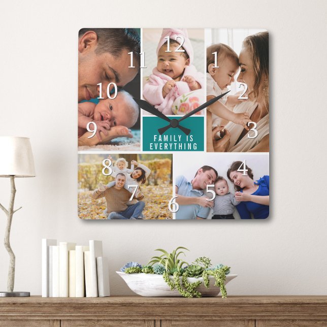 5 Photo Collage Family Is Everything Quote Teal Quadratische Wanduhr (Von Creator hochgeladen)