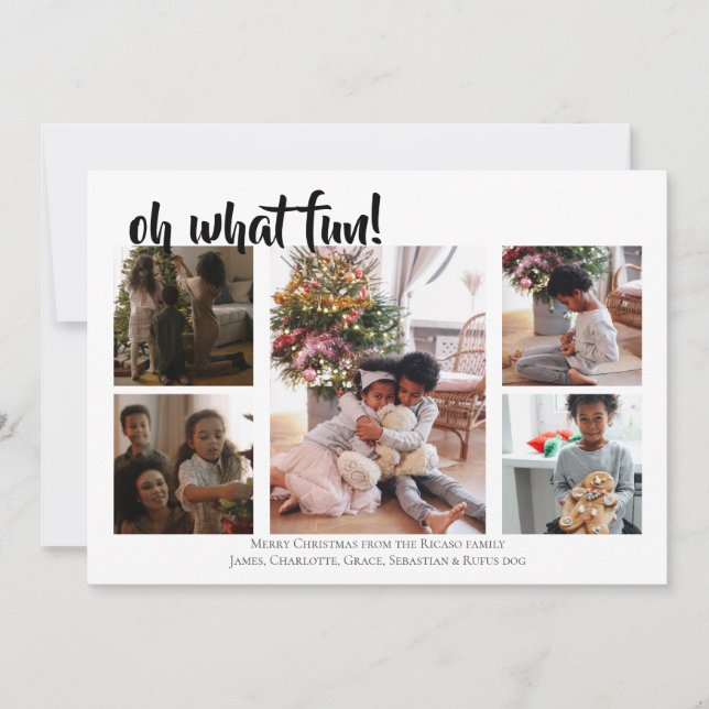 5 Photo Oh What Fun Christmas Feiertagskarte (Vorderseite)