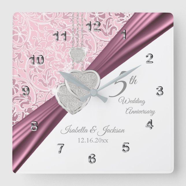 5. Pink Wedding Anniversary Keepake 2 Quadratische Wanduhr (Vorderseite)