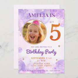 5 Purple Gold Star Bubbles 5th Birthday Invitation Einladung