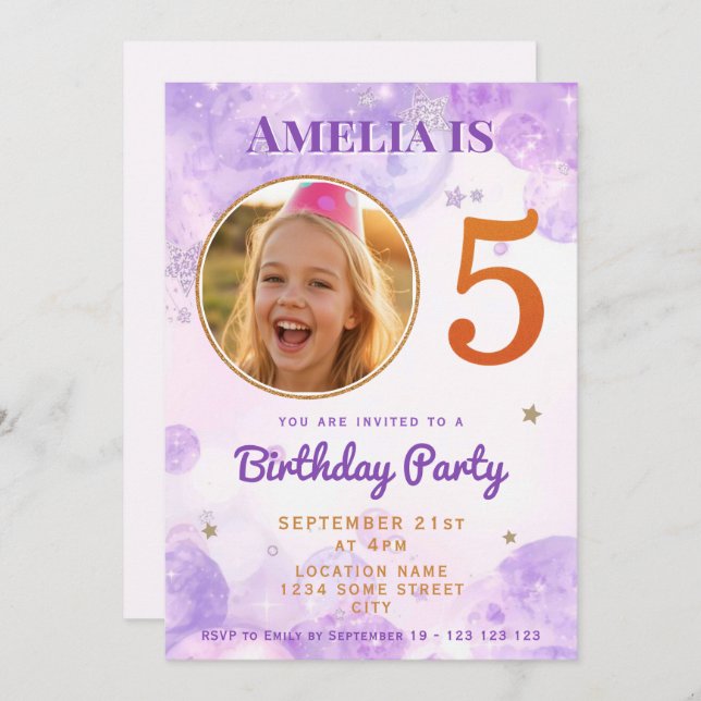 5 Purple Gold Star Bubbles 5th Birthday Invitation Einladung (Vorne/Hinten)