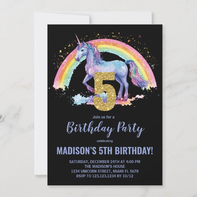 5. Rainbow Unicorn Geburtstag Einladungen (Vorderseite)