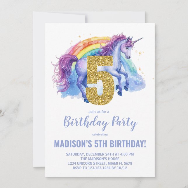 5. Rainbow Unicorn Geburtstag Einladungen (Vorderseite)