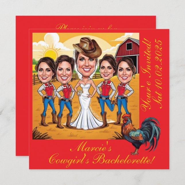 5 Rustikale Cowgirl Karikaturen Bachelorette Einladung (Vorne/Hinten)