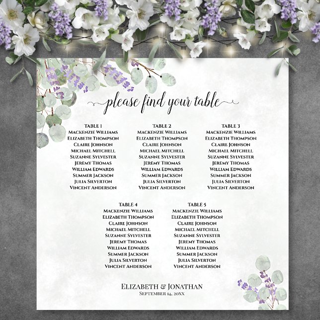 5 Tabelle Hochzeitskarte Eukalyptus Lavendel Poster (In Situ on Wall with Decor)