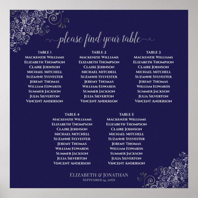 5 Tabelle Navy Blue & Silver Wedding Chart Poster (Vorne)