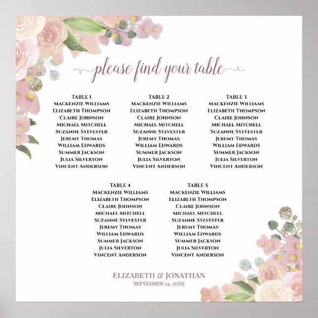 5 Tabelle Rustikal rosa Rosen Hochzeitstabelle Poster (Vorne)