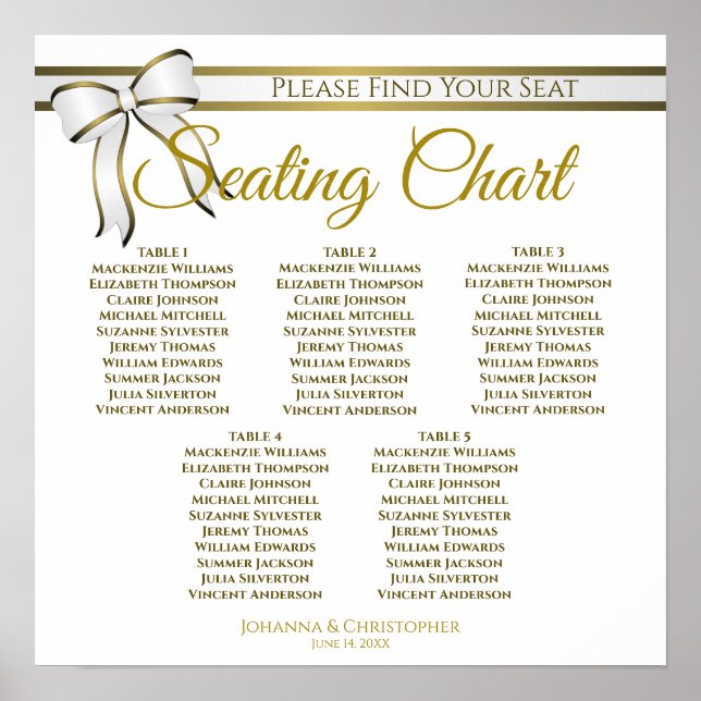 5 Tabelle White & Gold Hochzeitsdiagramm Poster (Vorne)