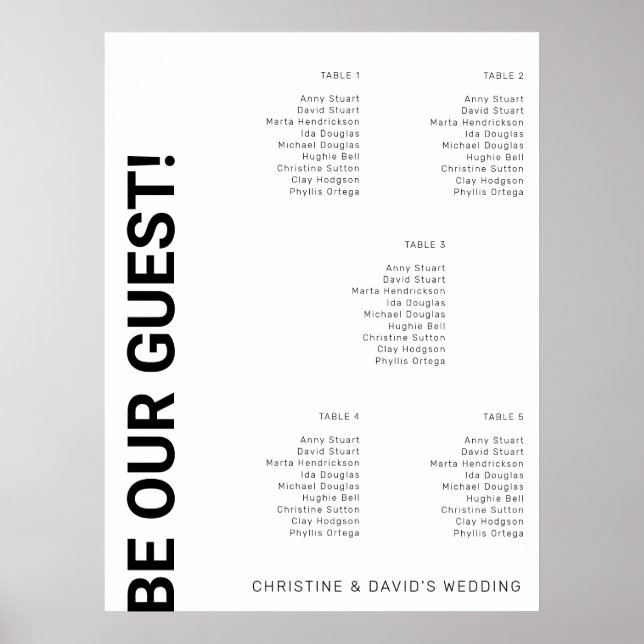 5 Tabellen Einfache White Wedding Chart Poster (Vorne)