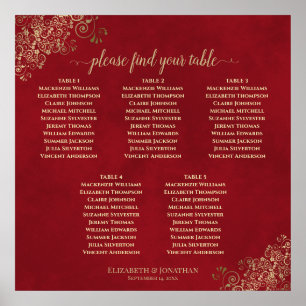 5 Table Crimson Red & Gold Wedding Seekarte Poster