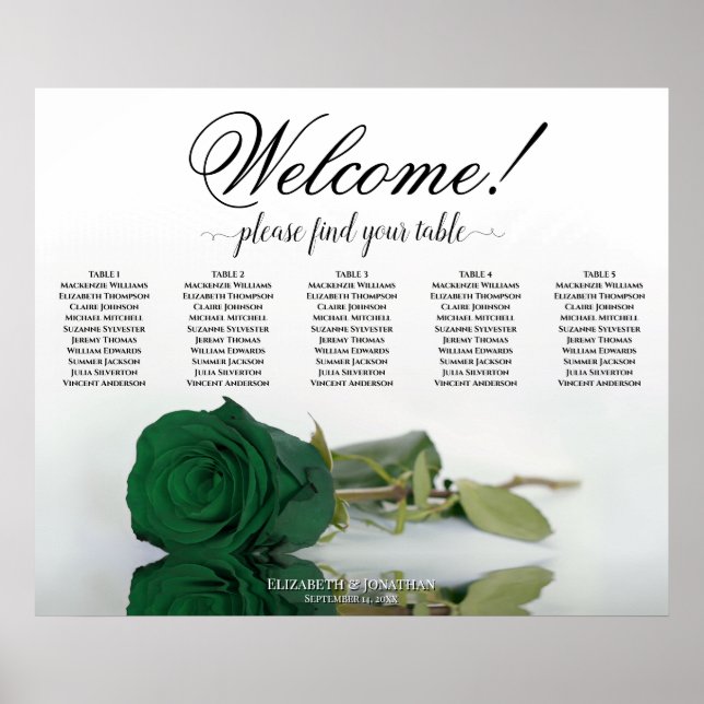 5 Table Emerald Green Rose Wedding Seating Chart Poster (Vorne)