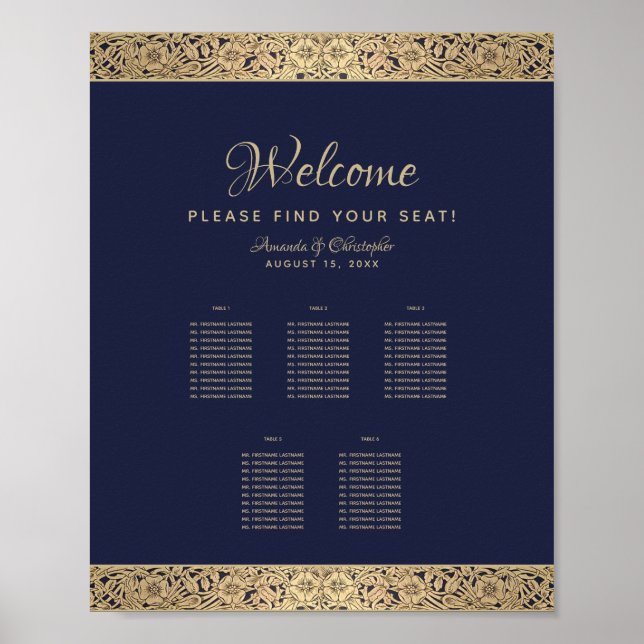 5 Tables Navy Blue Wedding Chart Gold Rose Poster (Vorne)