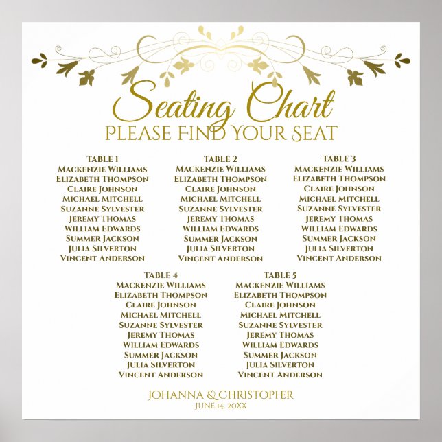 5 Tafelgeschmack Gold & White Wedding Seating Char Poster (Vorne)