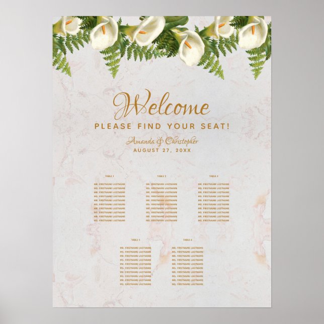 5 Tische Sitzkarte Calla Lilies Marmorhochzeit Poster (Vorne)