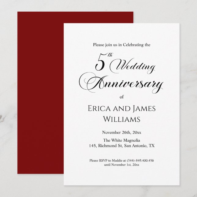 5. Wood Wedding Jubiläum Elegantes Script Einladung (Vorne/Hinten)