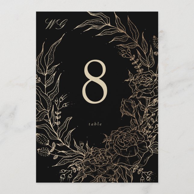 5 x 7 Black Gold Florals Wedding Table Number Einladung (Vorderseite)