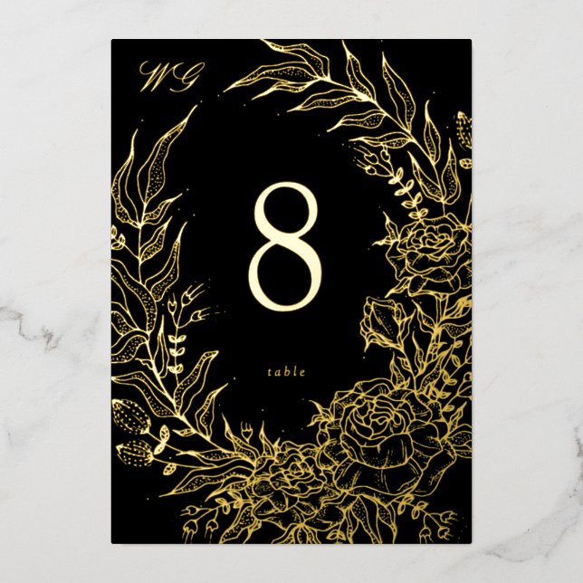 5 x 7 Black Gold FOIL Florals Wedding Table Number Folieneinladung (Vorderseite)