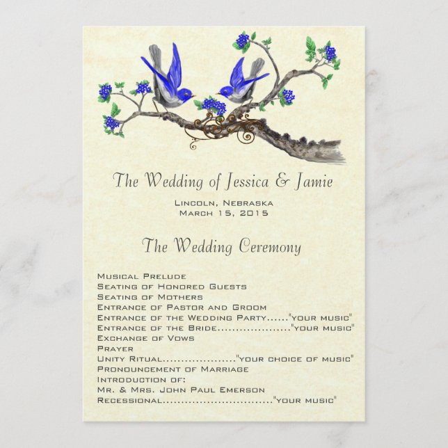 5 x 7 Vintage Bluebirds Hochzeitsprogramm Programm (Vorderseite)