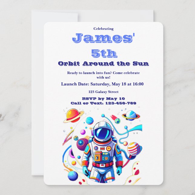 5 Year Old Space Birthday Custom Astronaut Orbit  Einladung (Vorderseite)