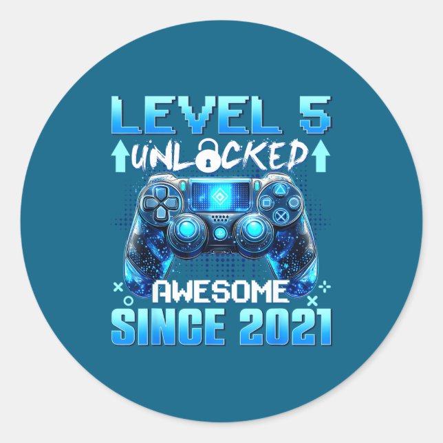 5 Years Old Level 5 Unlocked Awesome 2021 5th Birt Runder Aufkleber (Vorderseite)