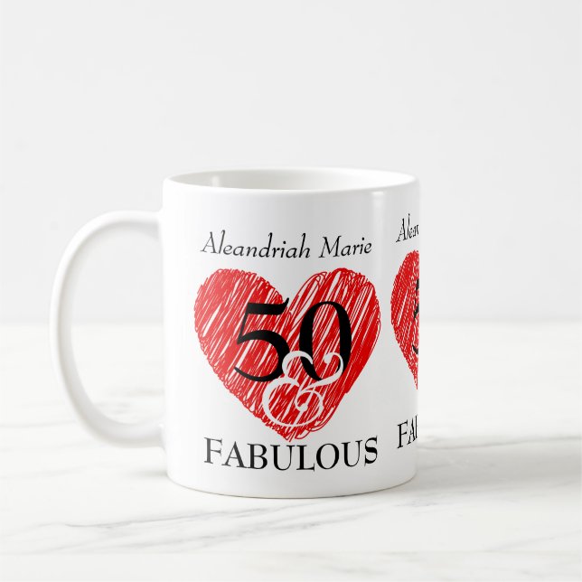 5O und Fabulous Birthday Black Script Red Heart Kaffeetasse (Links)