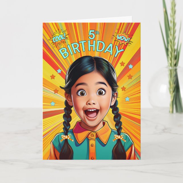 5th Birthday Asian American Girl Pop Art Style Karte (Vorderseite)