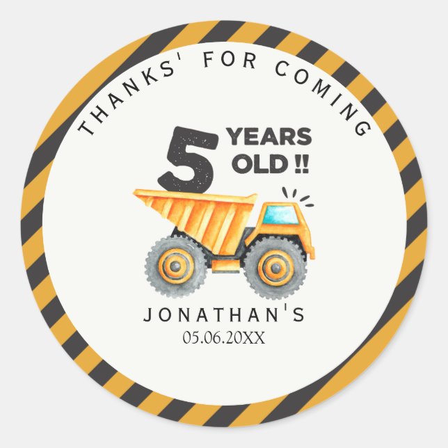 5th birthday boy construction truck runder aufkleber (Vorderseite)