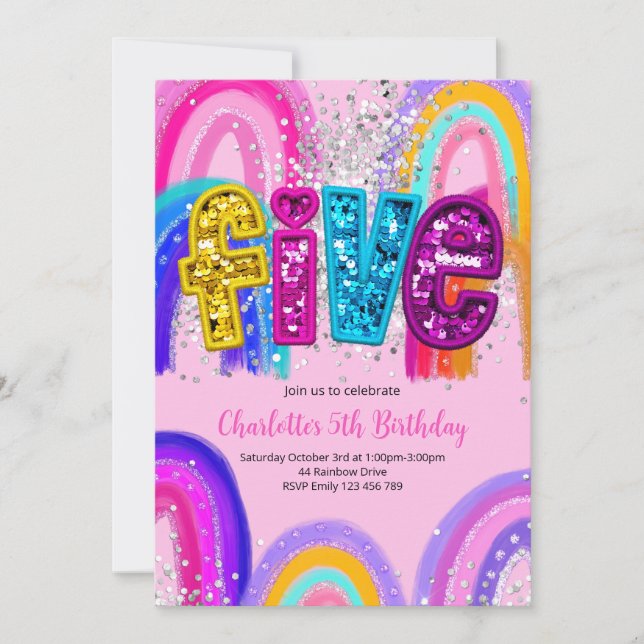5th Birthday Sequin Rainbow Party Invitation Einladung (Vorderseite)