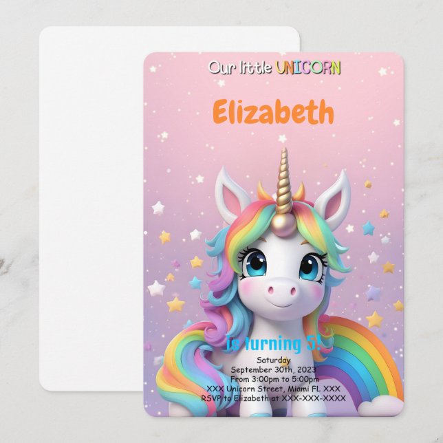 5th Birthday Unicorn Einladung (Vorne/Hinten)