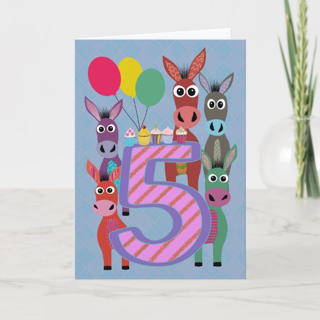 5th Birthday with Five Donkeys and Cupcakes Karte (Vorderseite)