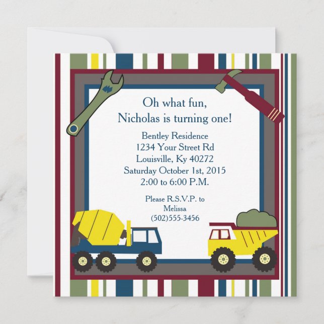 5x5 Bau Erster 1. Geburtstag Einladung (Vorderseite)