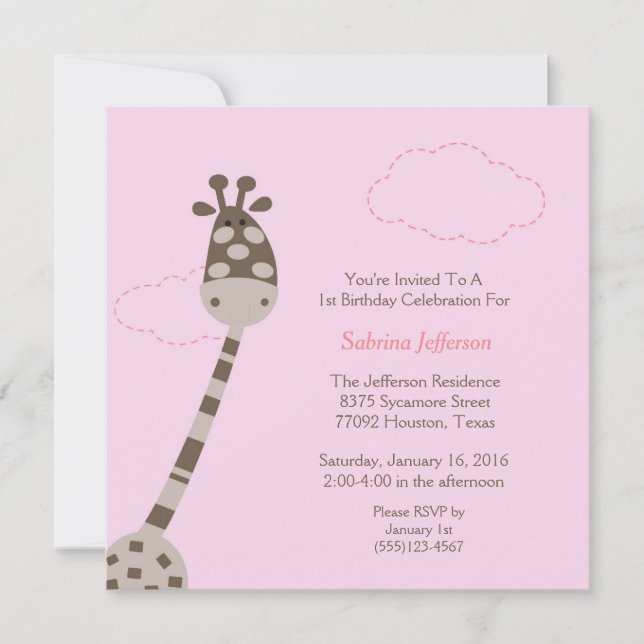 5x5 Rosa Giraffe Erster Geburtstag Einladung (Vorderseite)